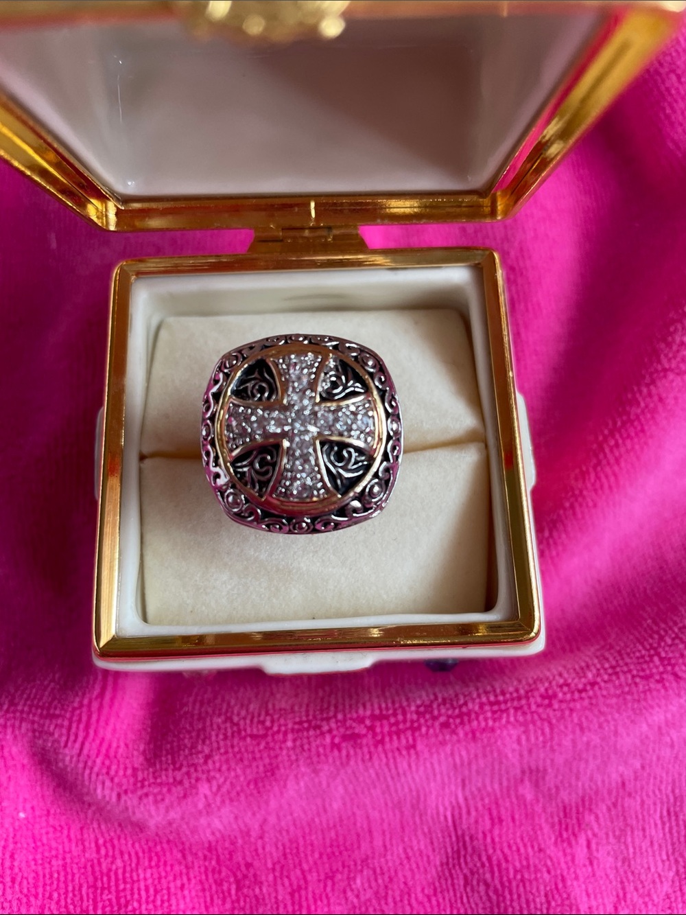 Two Tone Silver Gold Cross Kings & Queens Crystals Statement Ring